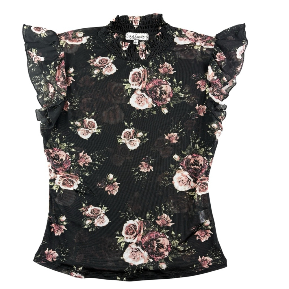 Crave Fame Sleeveless Black Pink Floral Mesh Mock Neck Top Shirt Blouse LARGE